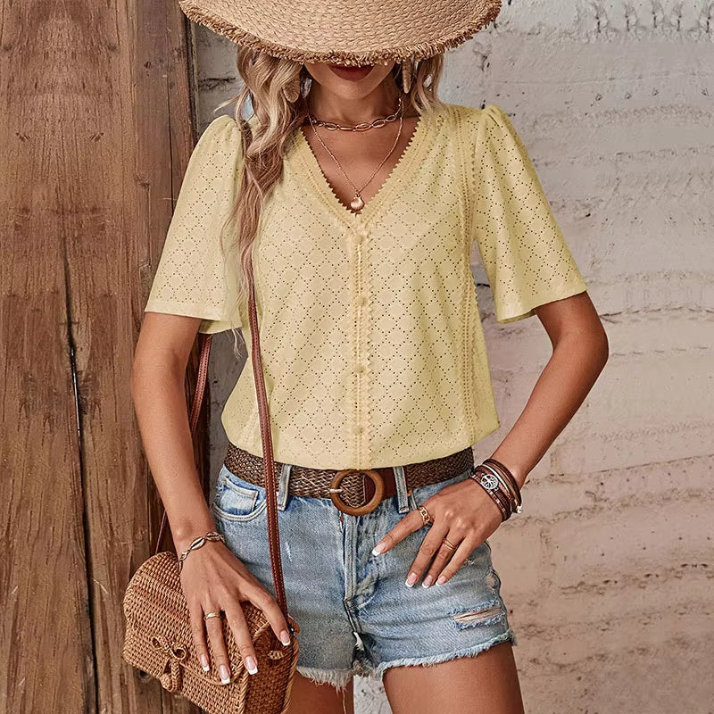 ADELHEID I KORTE MOUW BLOUSE MET V-HALS