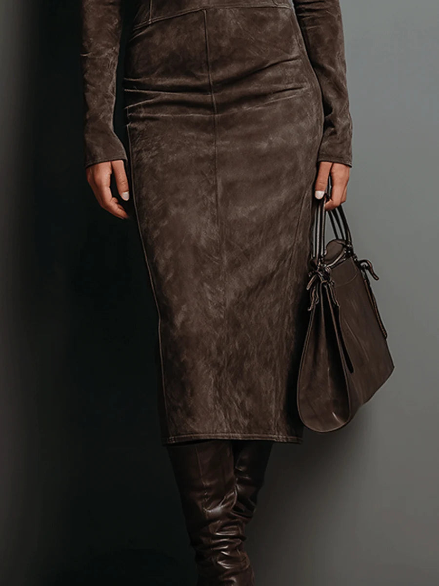 Lorena | Lange midi jurk in bruin