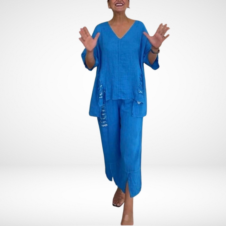 Briella™ Elegante Twee-Delige Zomer Set | V-Hals Top en Wijde Broek