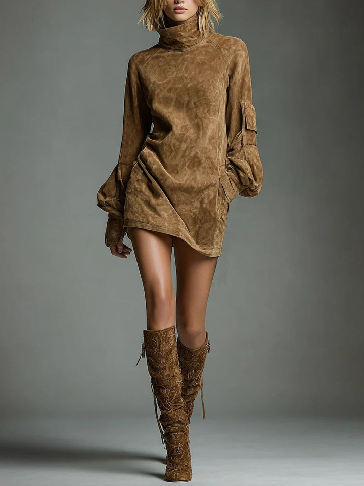 Beli | Losse minijurk van suede met hoge hals