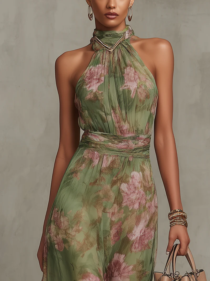 Florine™ | Groene Maxi Jurk met Bloemenmotief