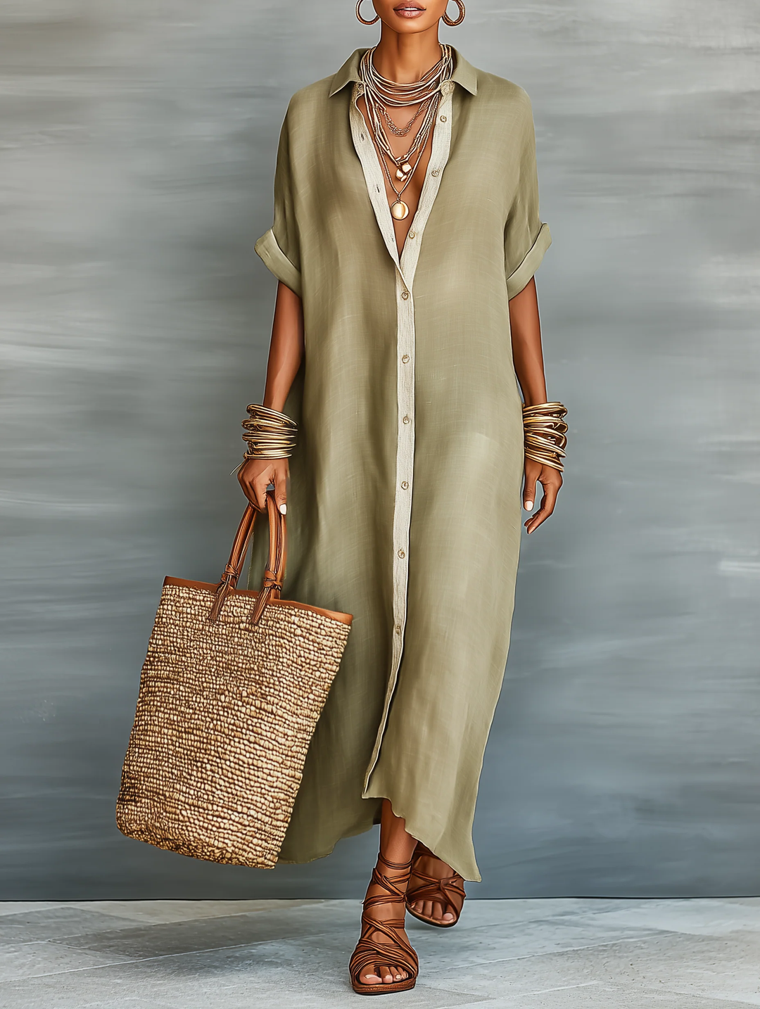 Manelle™ | Olijfgroene Maxi Jurk met Eenvoudig Design